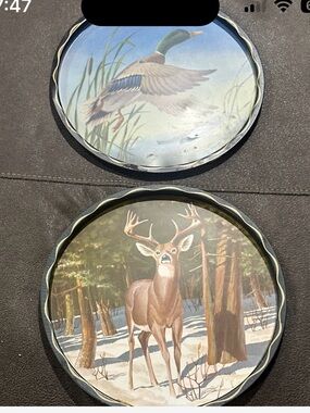 Set of 2 Vintage James L. Artig Metal Trays with Wildlife Scenes